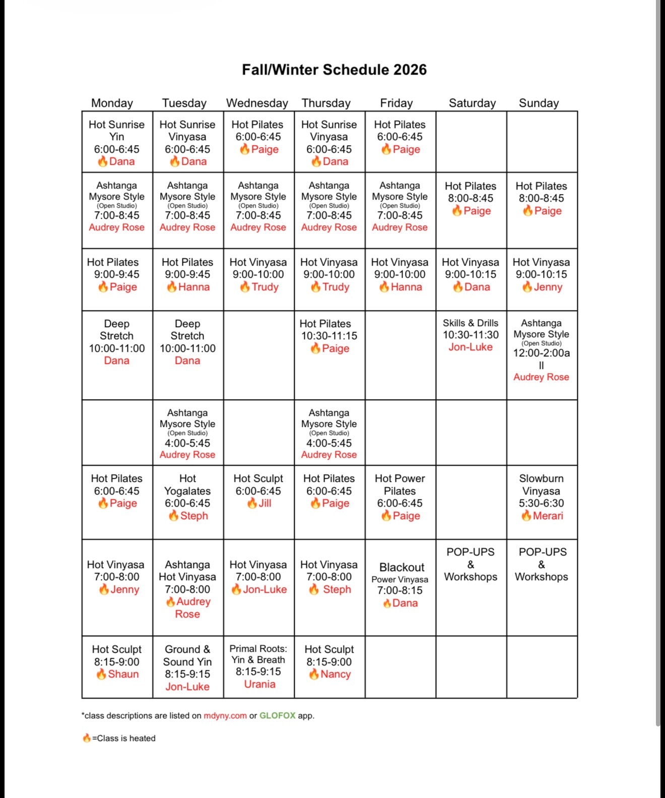 Fall and Winter 2026 class schedule grid showing weekly yoga, Pilates, and specialty classes